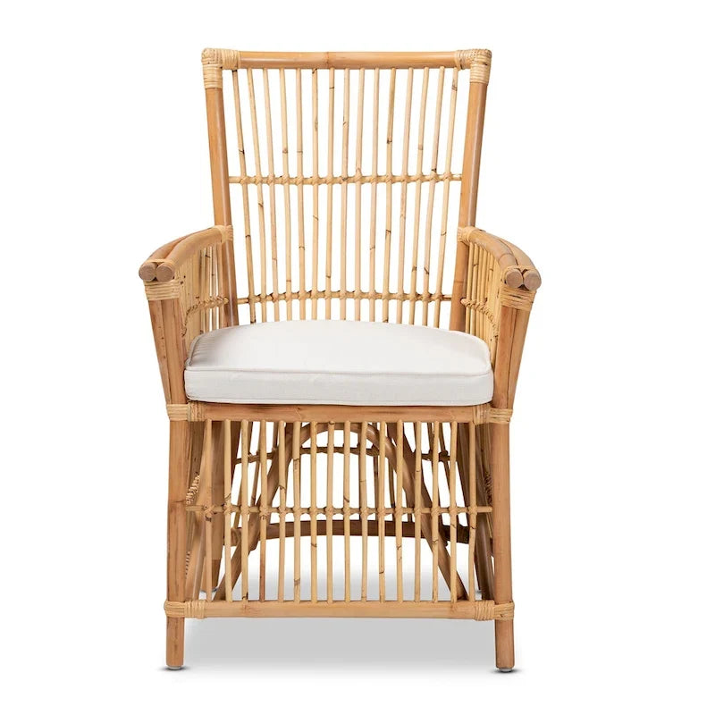 Rose Bohemian styled Upholstered Rattan Armchair-White/Natural Brown