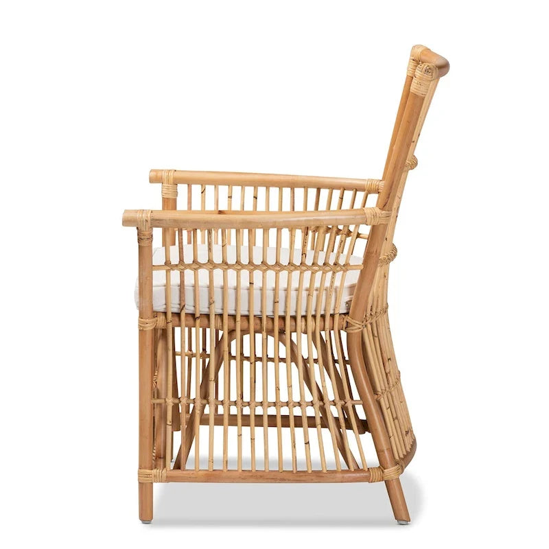 Rose Bohemian styled Upholstered Rattan Armchair-White/Natural Brown