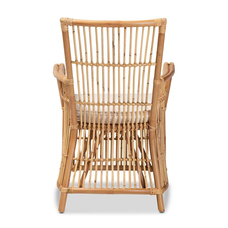 Rose Bohemian styled Upholstered Rattan Armchair-White/Natural Brown