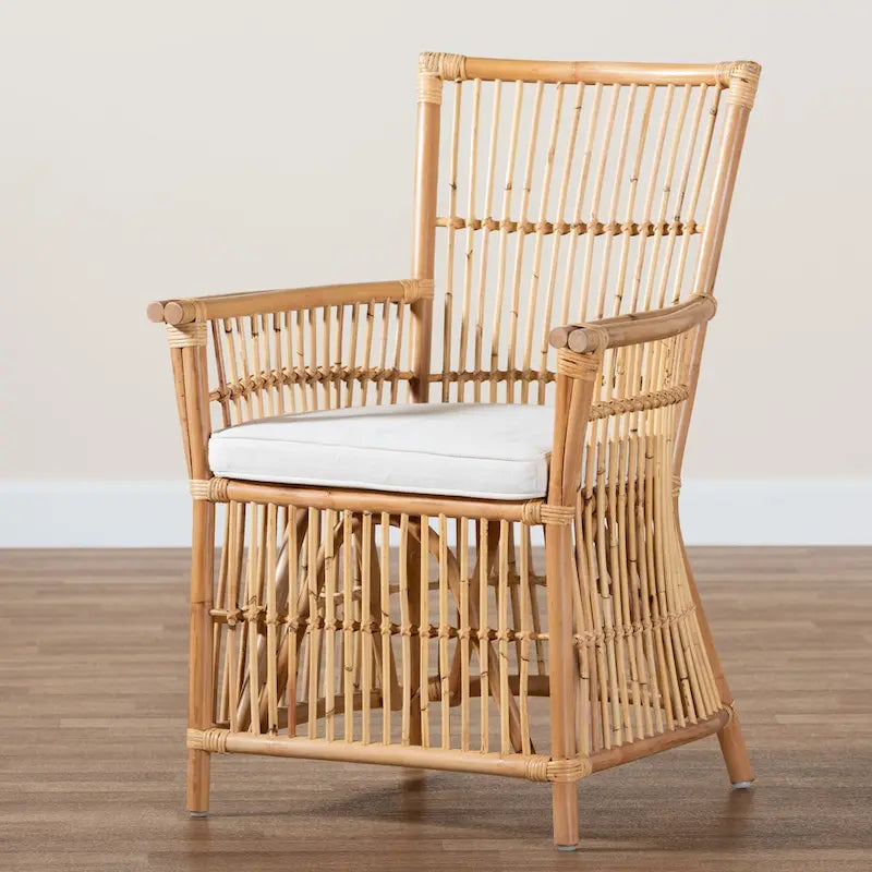 Rose Bohemian styled Upholstered Rattan Armchair-White/Natural Brown