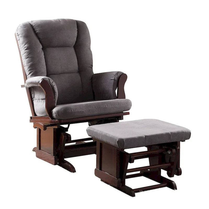 Fauteuil et pouf planeurs en microfibre grise avec fini cerisier