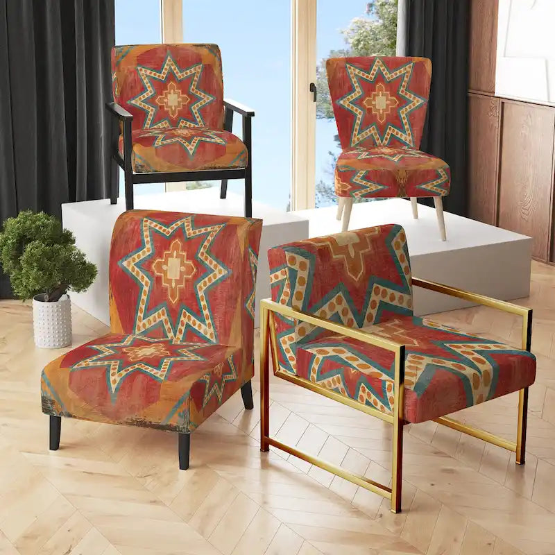 Designart Fauteuil d'appoint bohème chic rembourré motif carreaux marocains orange - Fauteuil