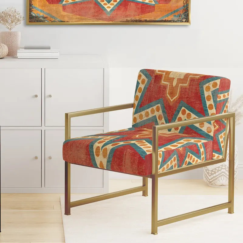 Designart Fauteuil d'appoint bohème chic rembourré motif carreaux marocains orange - Fauteuil