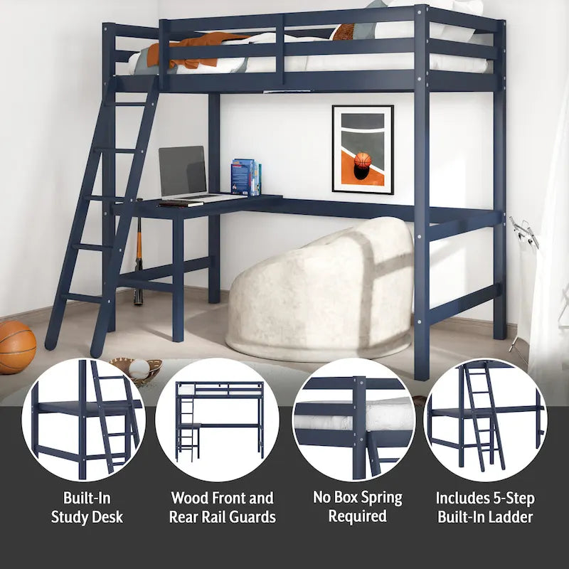 Lit mezzanine simple en bois avec bureau Hillsdale Caspian