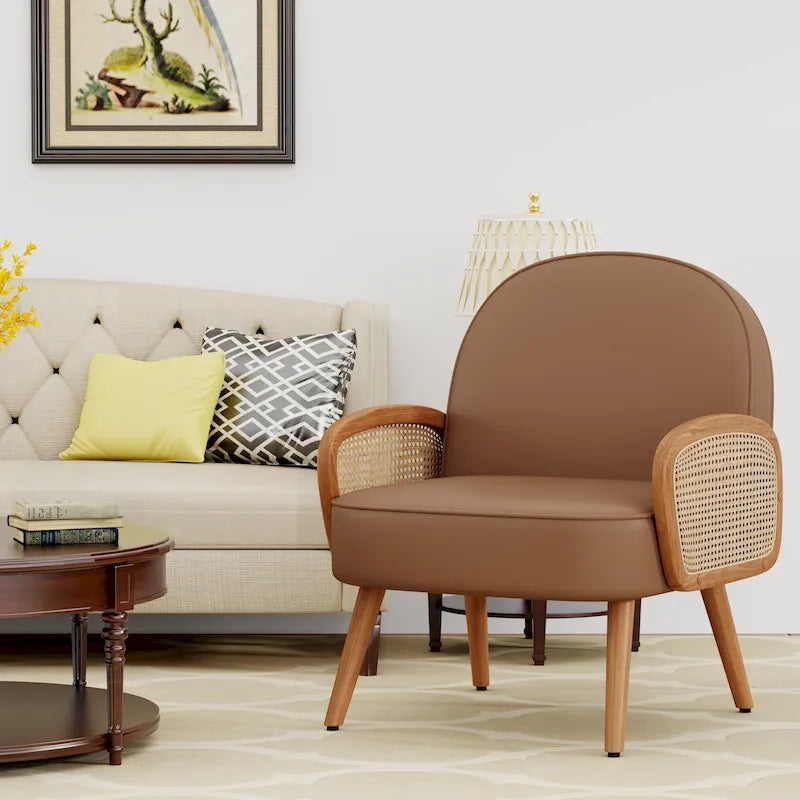 Accent Chair Armchair with Rattan Arms Upholstered Rattan Boho Accent Chair for Living Room Bedroom