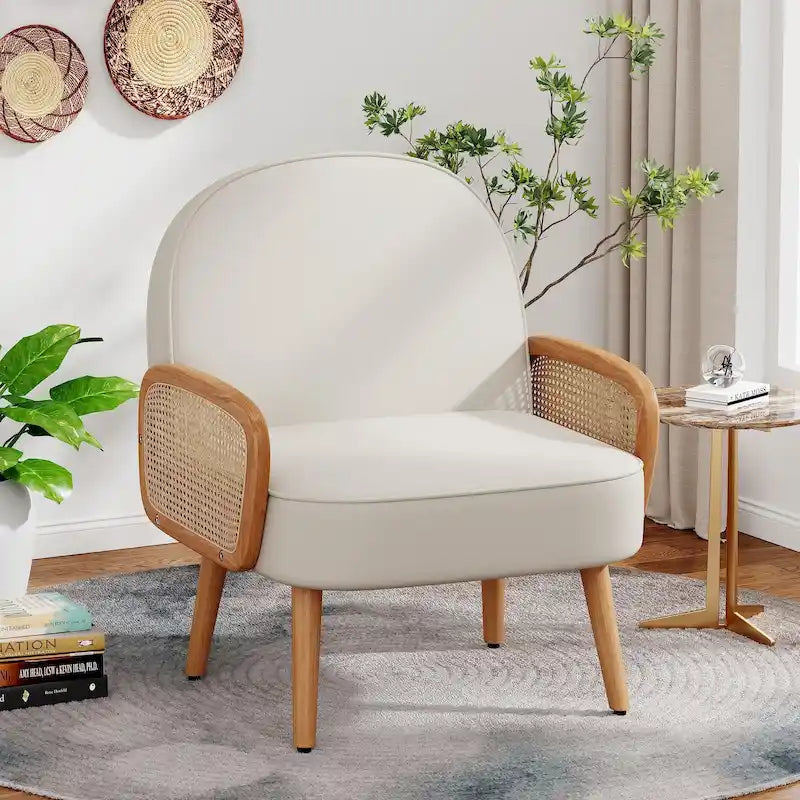 Accent Chair Armchair with Rattan Arms Upholstered Rattan Boho Accent Chair for Living Room Bedroom