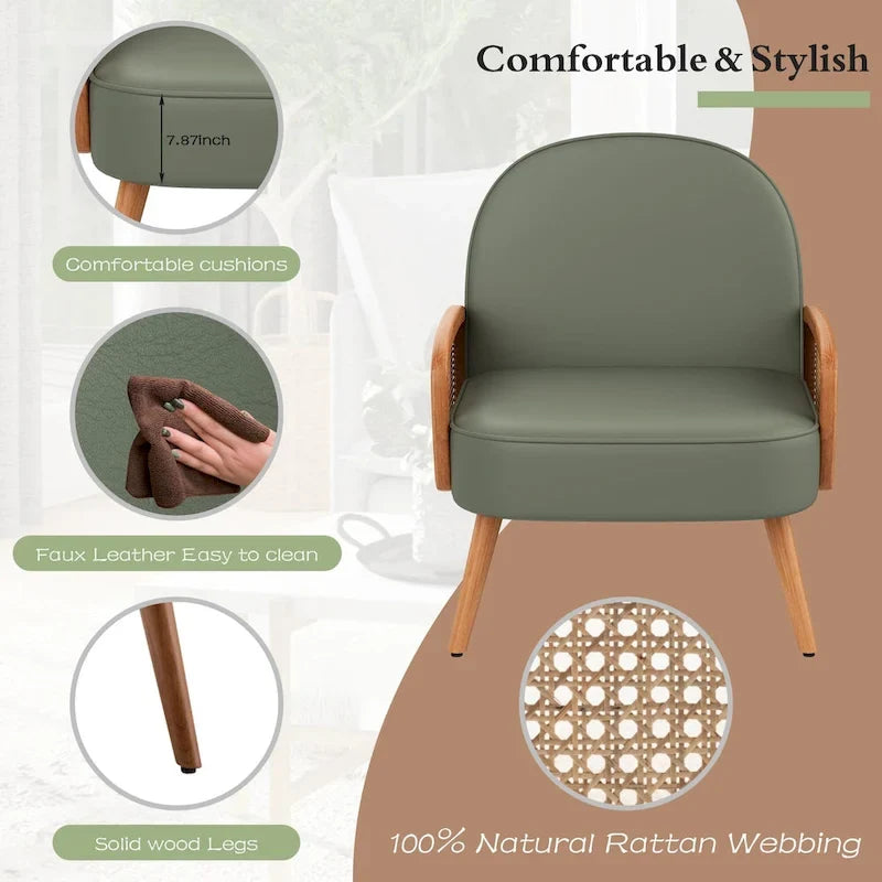 Accent Chair Armchair with Rattan Arms Upholstered Rattan Boho Accent Chair for Living Room Bedroom