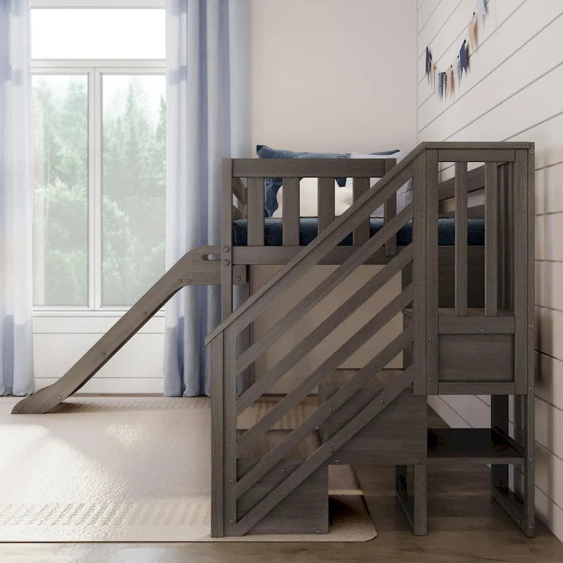 Lit bas mezzanine classique Max et Lily avec escalier, toboggan facile et rideau