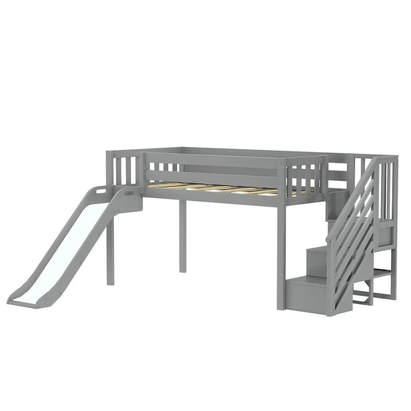 Lit bas mezzanine classique Max et Lily avec escalier, toboggan facile et rideau