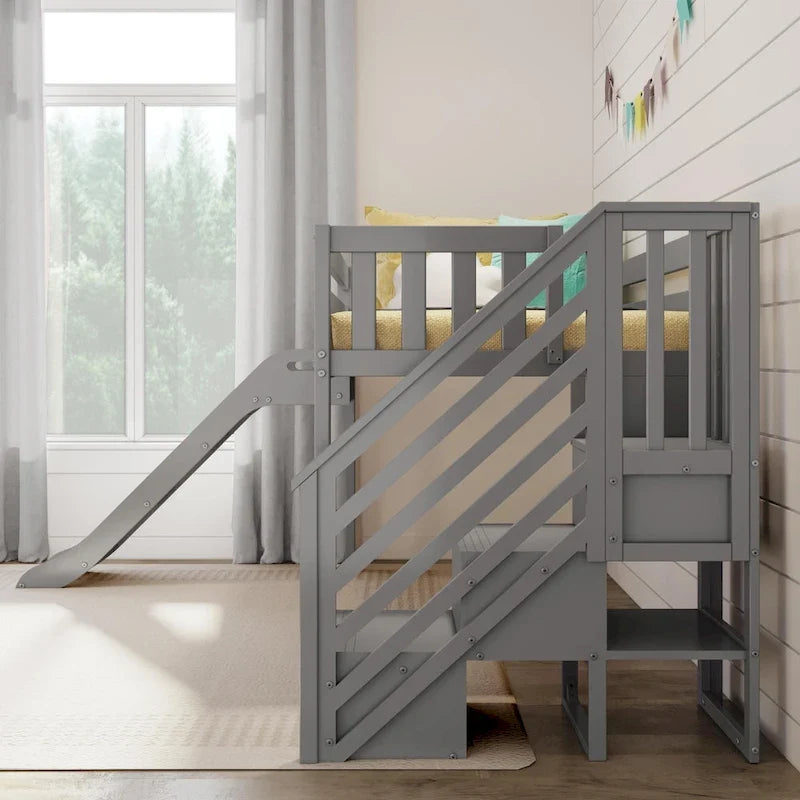 Lit bas mezzanine classique Max et Lily avec escalier, toboggan facile et rideau