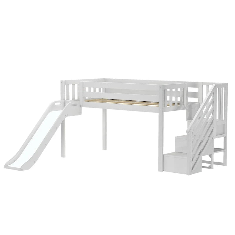Lit bas mezzanine classique Max et Lily avec escalier, toboggan facile et rideau