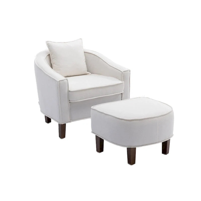 Linen/Polyester Upholstered Mid Century Barrel Chair with Ottoman