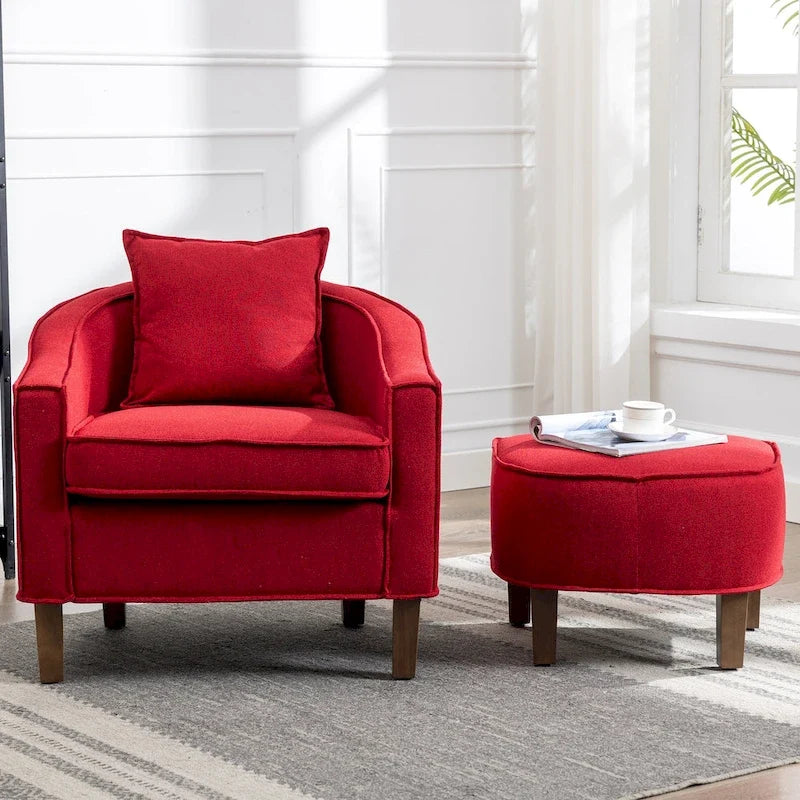 Linen/Polyester Upholstered Mid Century Barrel Chair with Ottoman