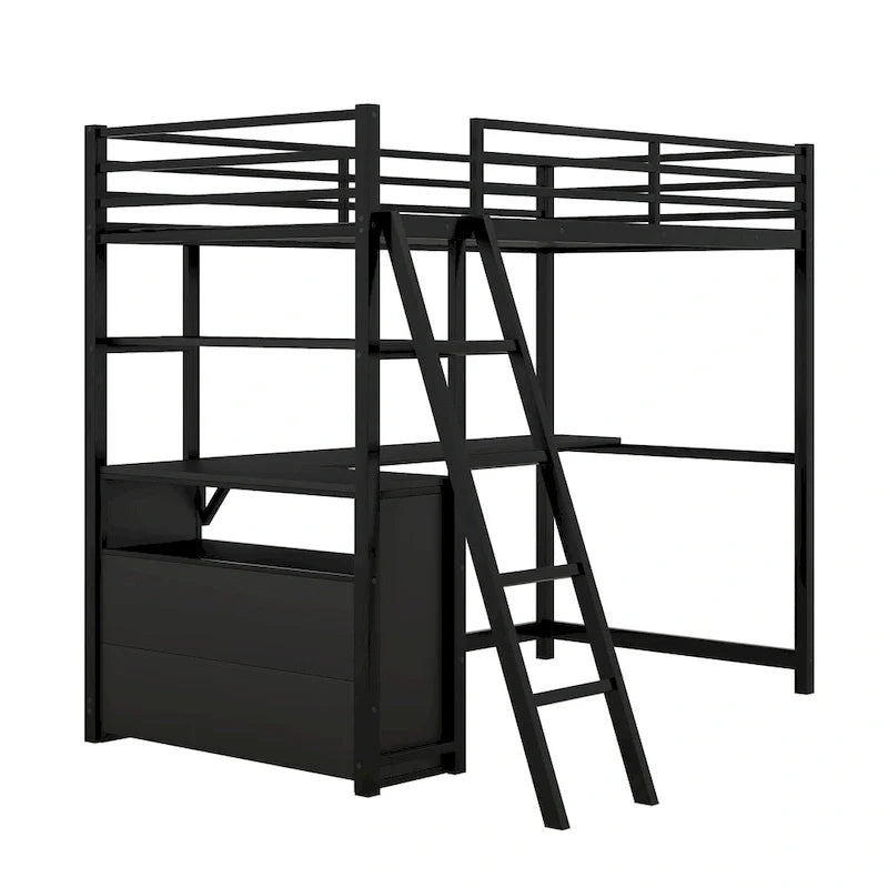 Lit mezzanine avec bureau et étagères