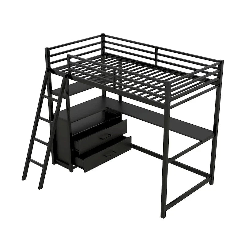 Lit mezzanine avec bureau et étagères