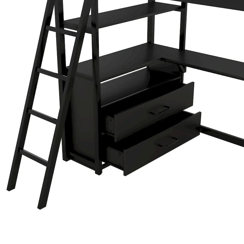 Lit mezzanine avec bureau et étagères