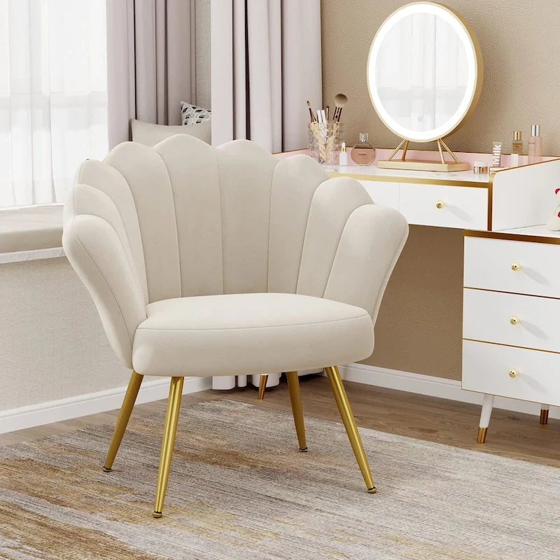 Andeworld accent chair for living room,Velvet Gold Cute Vanity Chair with Back for Makeup Room, Upholstered Shell Shaped Office