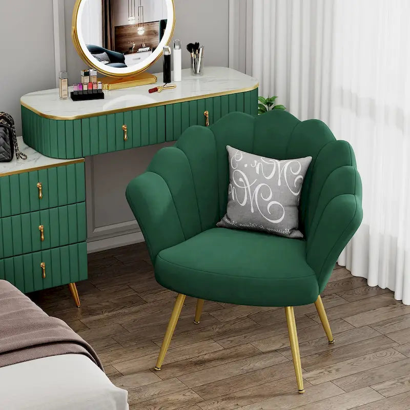 Andeworld accent chair for living room,Velvet Gold Cute Vanity Chair with Back for Makeup Room, Upholstered Shell Shaped Office