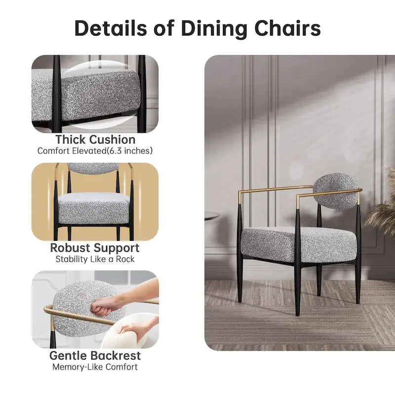 Boucle Dining Chair Living Room Chair with Thickened Plush Seat Cushion and Sleek Metal Frame