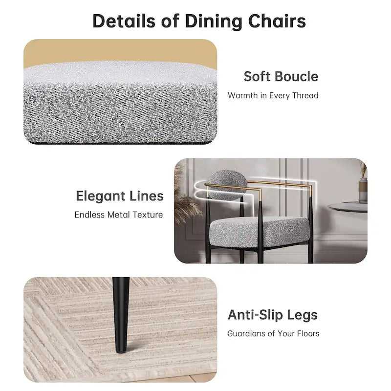 Boucle Dining Chair Living Room Chair with Thickened Plush Seat Cushion and Sleek Metal Frame