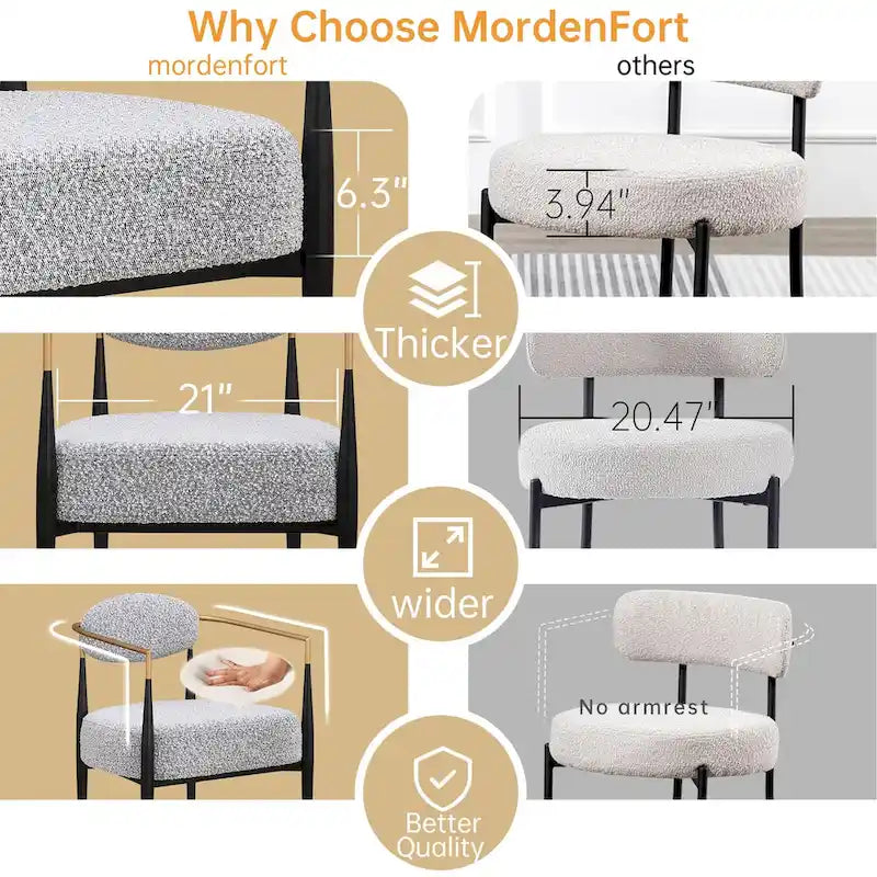 Boucle Dining Chair Living Room Chair with Thickened Plush Seat Cushion and Sleek Metal Frame