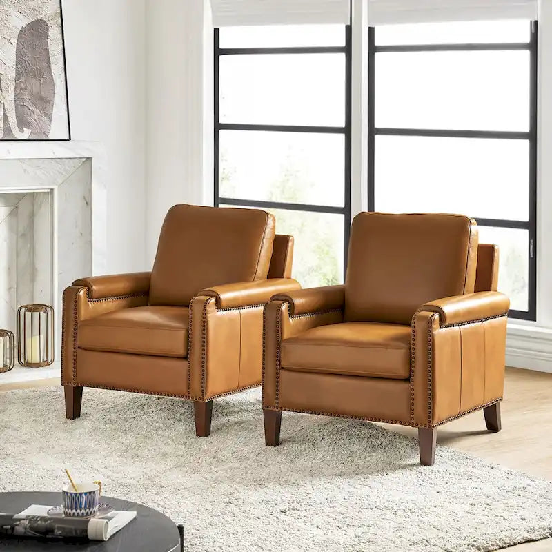 Kunz Transitional Genuine Leather Armchair with Removable Cushion and Nailhead Trims Set of 2 by HULALA HOME