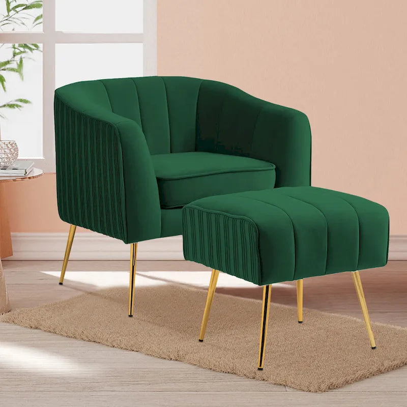 Modern Velvet Barrel Arm Accent Chair with Ottoman