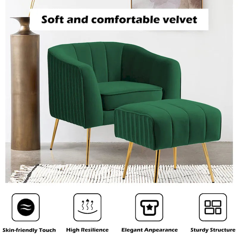 Modern Velvet Barrel Arm Accent Chair with Ottoman