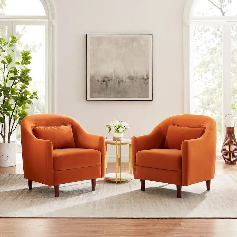 VANOMi 28.34W Set Of 2 Accent Armchair, Velvet Barrel Chair with Solid Wood Legs