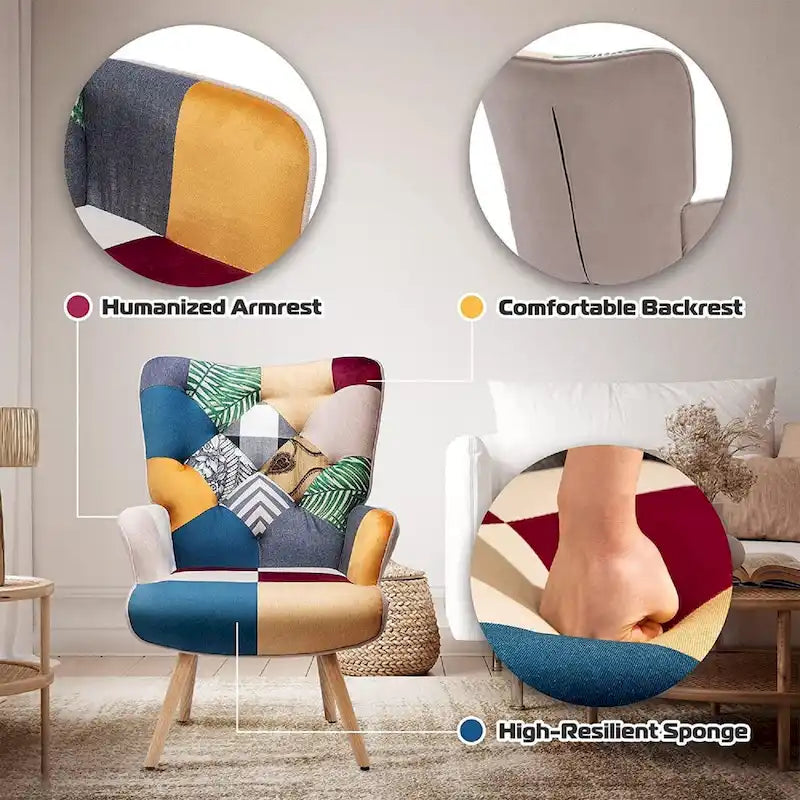 FERPIT Upholstered Wingback Accent Chair with Rubberwood Legs & Levelers