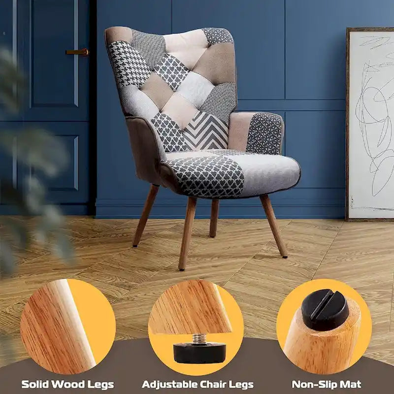 FERPIT Upholstered Wingback Accent Chair with Rubberwood Legs & Levelers