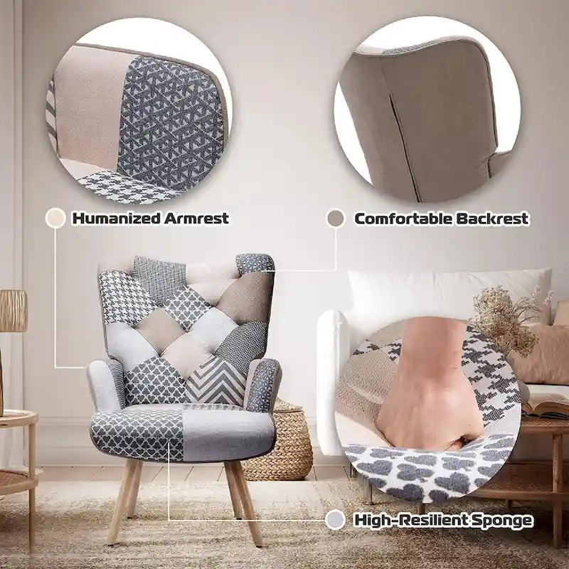 FERPIT Upholstered Wingback Accent Chair with Rubberwood Legs & Levelers