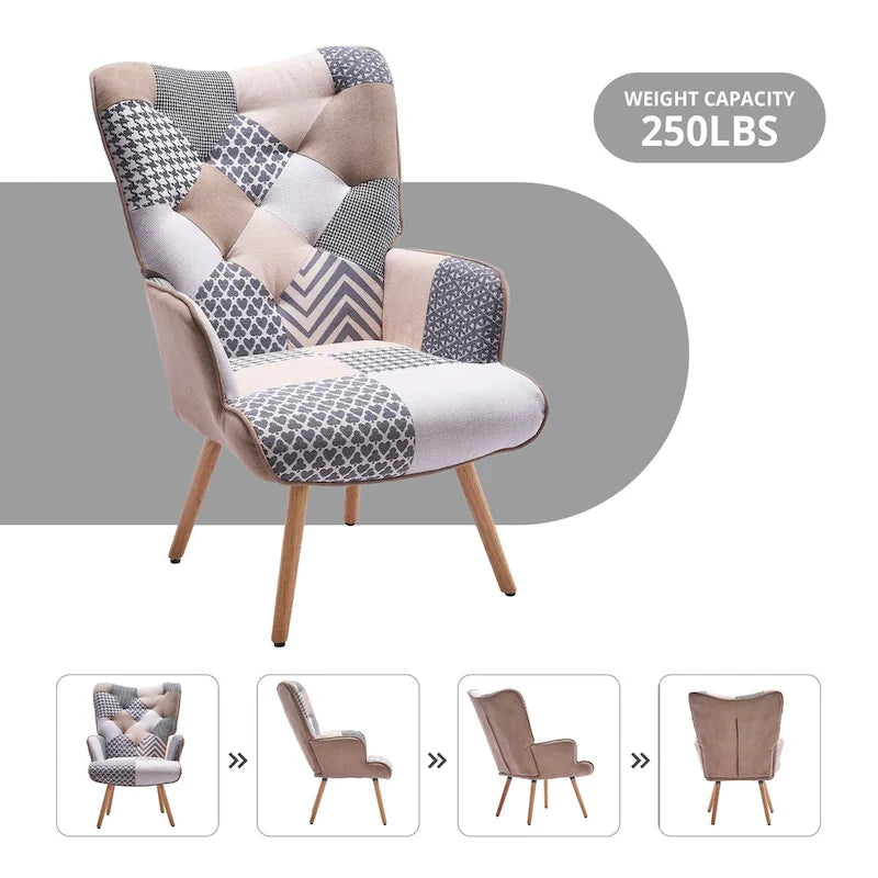 FERPIT Upholstered Wingback Accent Chair with Rubberwood Legs & Levelers