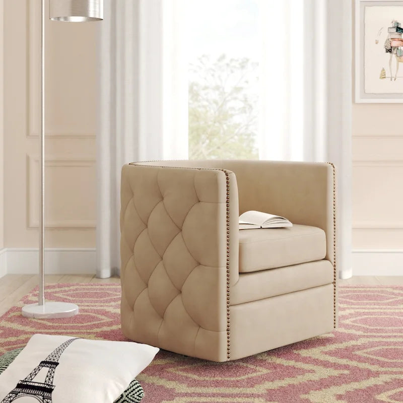 Leslie Top Grain Leather Swivel Tufted Chair