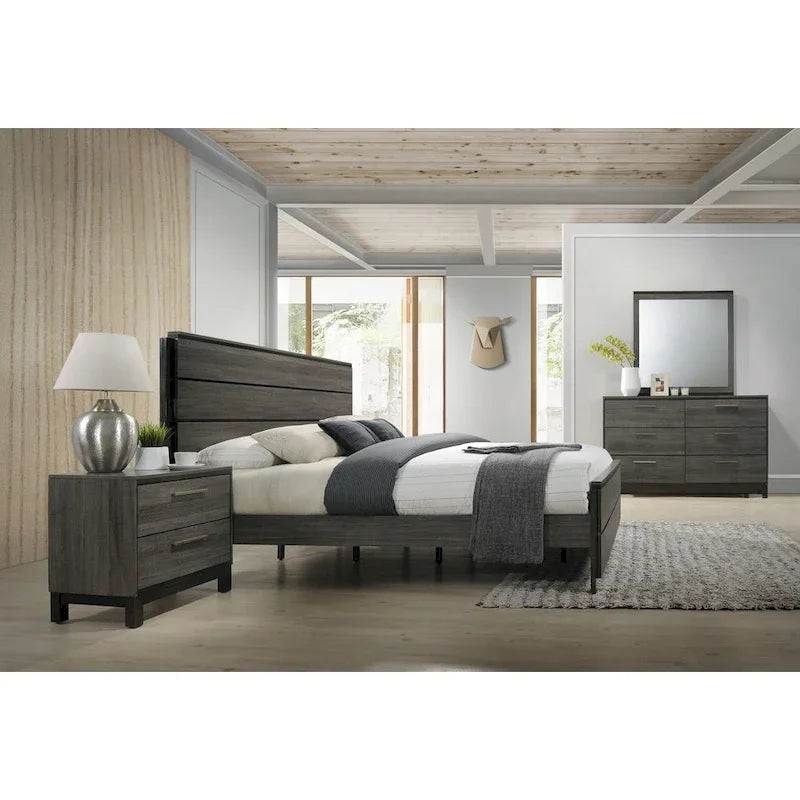 Ensemble de chambre à coucher Roundhill Furniture Ioana 187 en bois finition gris antique, lit queen size, commode, miroir, table de chevet