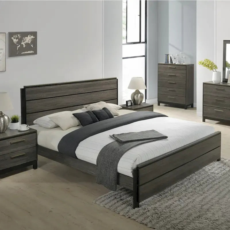 Ensemble de chambre à coucher Roundhill Furniture Ioana 187 en bois finition gris antique, lit queen size, commode, miroir, table de chevet