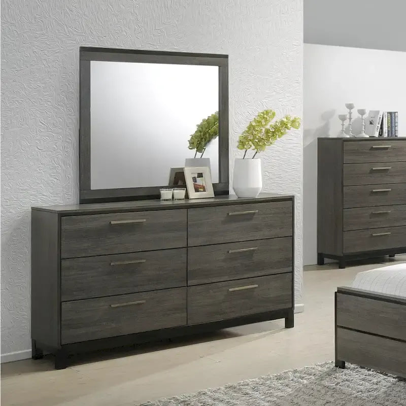 Ensemble de chambre à coucher Roundhill Furniture Ioana 187 en bois finition gris antique, lit queen size, commode, miroir, table de chevet