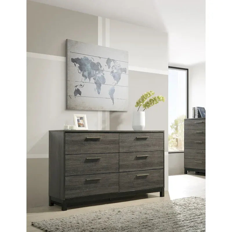 Ensemble de chambre à coucher Roundhill Furniture Ioana 187 en bois finition gris antique, lit queen size, commode, miroir, table de chevet