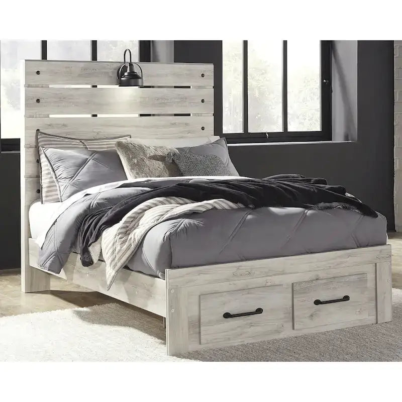 Lit panneau Cambeck blanchi avec 2 tiroirs de rangement au pied de lit