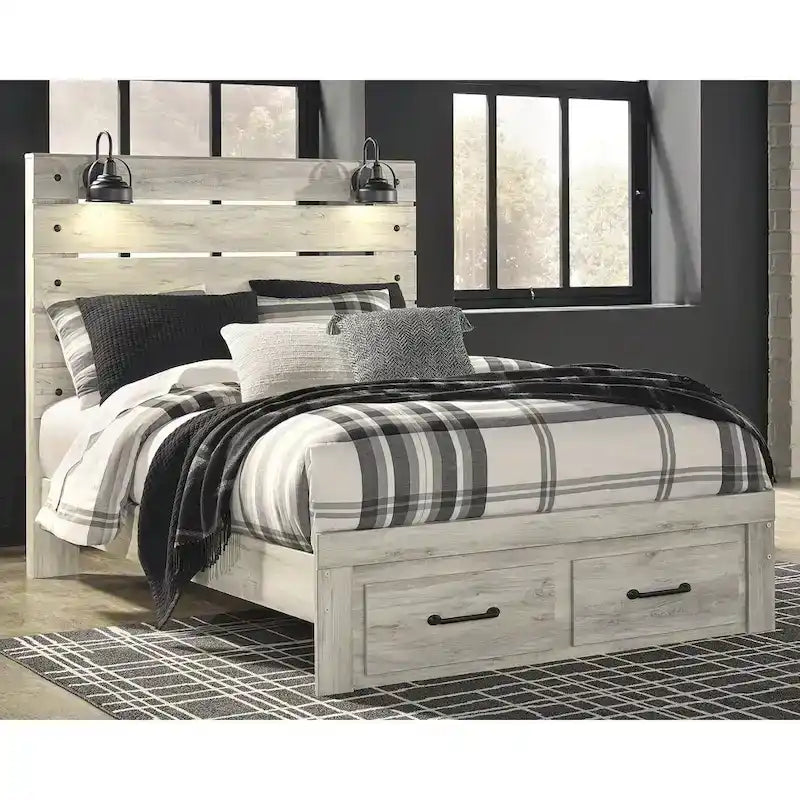 Lit panneau Cambeck blanchi avec 2 tiroirs de rangement au pied de lit