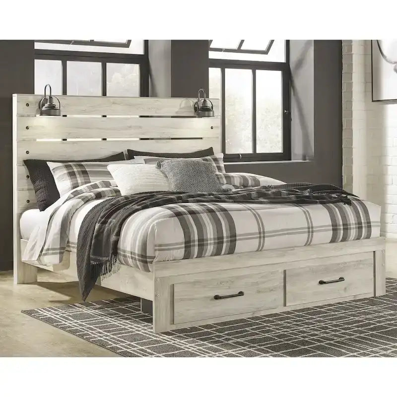 Lit panneau Cambeck blanchi avec 2 tiroirs de rangement au pied de lit