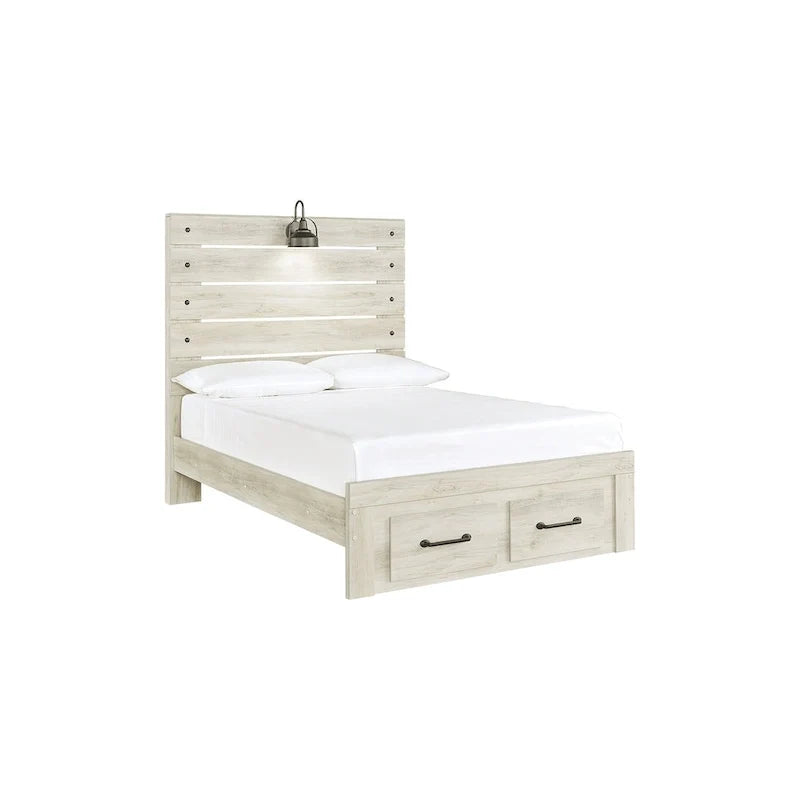Lit panneau Cambeck blanchi avec 2 tiroirs de rangement au pied de lit