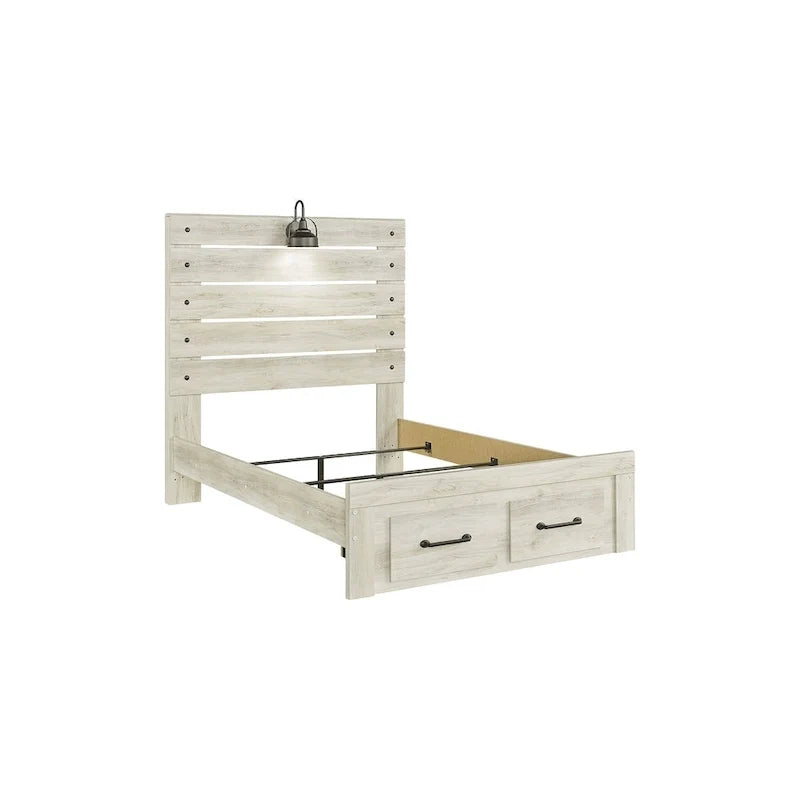 Lit panneau Cambeck blanchi avec 2 tiroirs de rangement au pied de lit