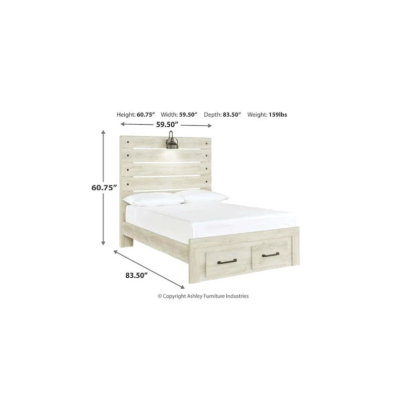 Lit panneau Cambeck blanchi avec 2 tiroirs de rangement au pied de lit