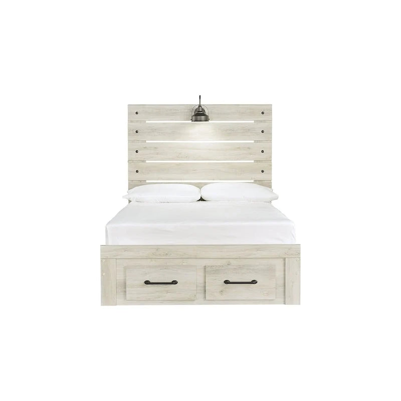 Lit panneau Cambeck blanchi avec 2 tiroirs de rangement au pied de lit