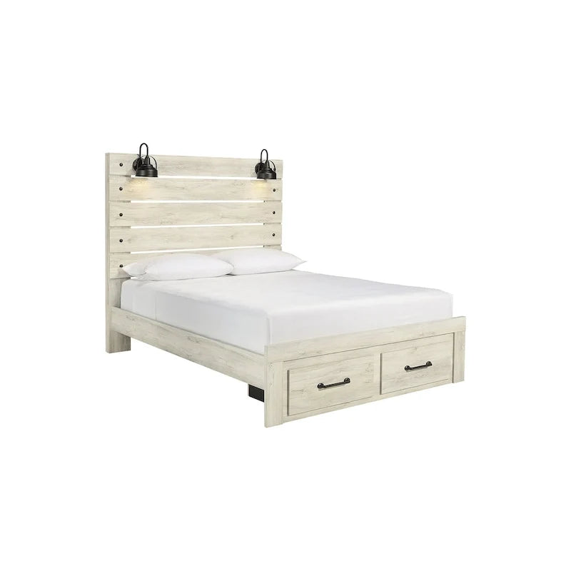 Lit panneau Cambeck blanchi avec 2 tiroirs de rangement au pied de lit