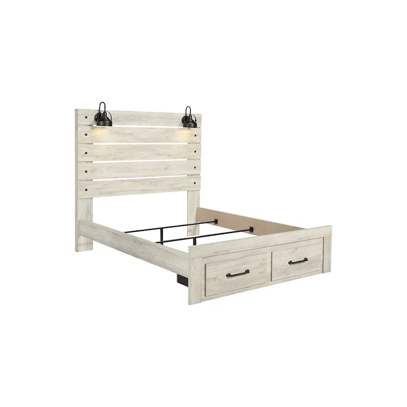 Lit panneau Cambeck blanchi avec 2 tiroirs de rangement au pied de lit
