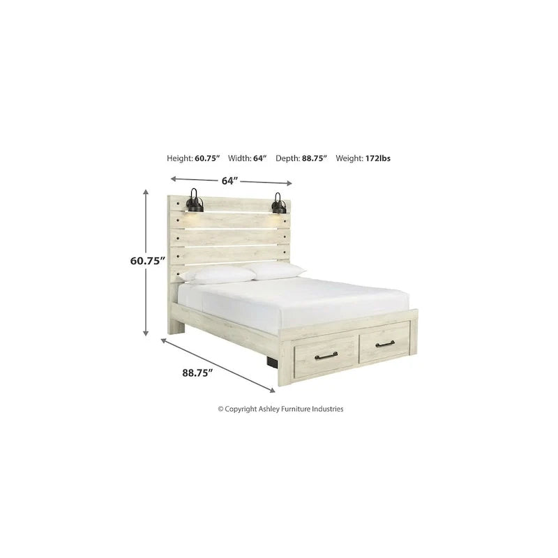 Lit panneau Cambeck blanchi avec 2 tiroirs de rangement au pied de lit