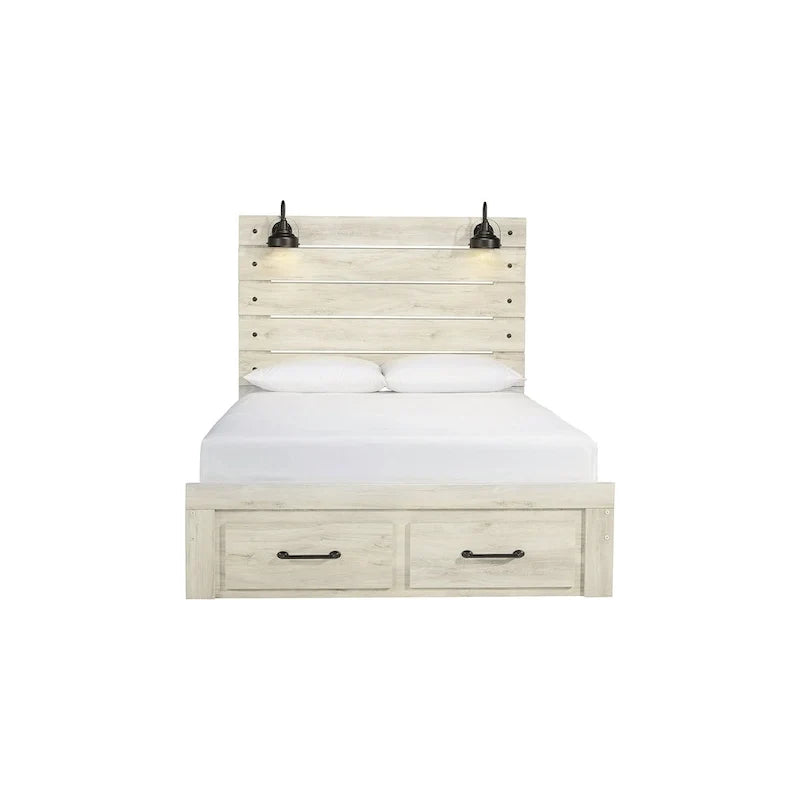 Lit panneau Cambeck blanchi avec 2 tiroirs de rangement au pied de lit