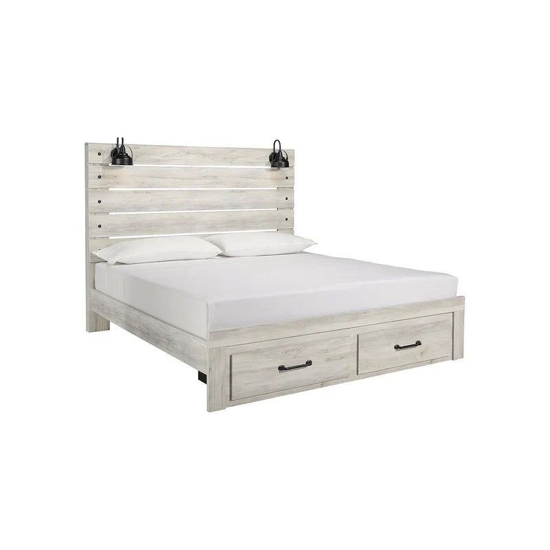 Lit panneau Cambeck blanchi avec 2 tiroirs de rangement au pied de lit